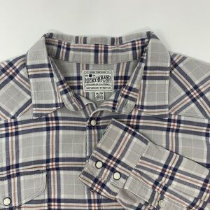 Lucky Brand‎ Saturday Stretch Gray Plaid Pearl Snap Long Sleeve Shirt Size XL